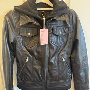 Quince Women's 100% Leather Cropped Jacket Black XS Removable Hood